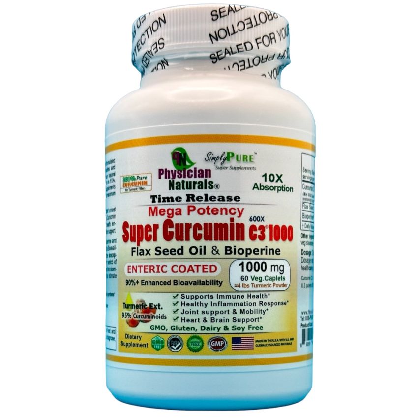 Mega Potency Super Curcumin 1000 mg Time Release Enteric Coated with Bioperine Flax Seed Oil 10x Absorption and 90%+ Enhanced Bioavailability