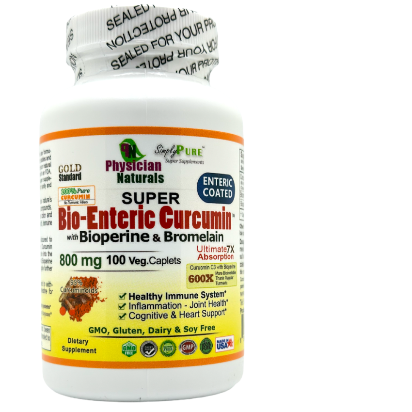 Super Bio Enteric Curcumin with Bioperine and Bromelain Enteric Coated 800 mg 100 Veg Caplets The Most Bioavailable Pure Turmeric Extract  Cognitive Immune Heart Health