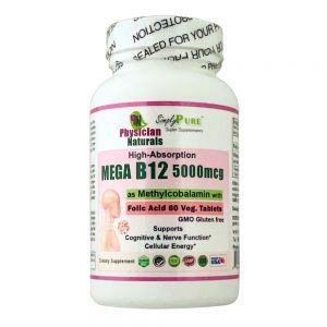 High Absorption Mega B12 5000 as Methylcobalamin with Folic Acid  60 veg.tabs