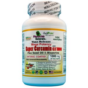 Mega Potency Super Curcumin 1000 mg Time Release Enteric Coated with Bioperine Flax Seed Oil 10x Absorption and 90%+ Enhanced Bioavailability